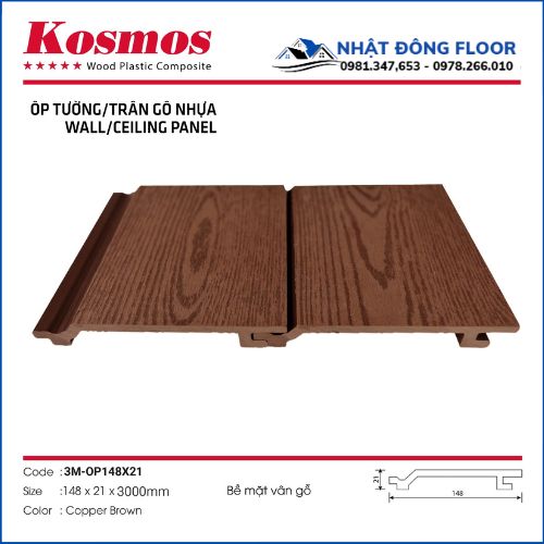 Tấm Ốp Tường Gỗ Nhựa Ngoài Trời Kosmos Dài 3m Vân Gỗ Màu Copper Brown 3M-OP148X21